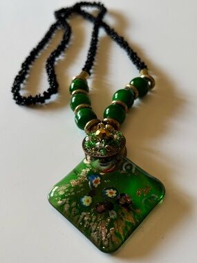Green Art Glass Millefiori Pendant Necklace Black Seed Beads Gold Tone Statement